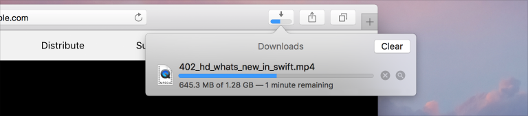 A file downloading in a MacOS version; the download is shown with a progress bar and an estimation of how much it will take (1 minute remaining)