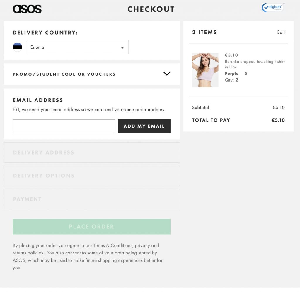 Asos.com checkout page. In the top there is the country selection in a card. After that there is a card that is detracted with the title "promo/student code or voucher". Bellow that is the email address in a card.