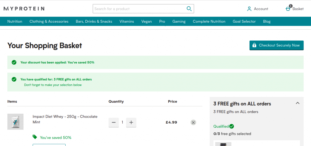 Myprotein.com checkout page. When the visitor opens it, they see the product(s) they added. On top of the product there is a banner that says that the code was (automatically) applied and the totally percentage saved (50% in this case). On the product itself there is a green text informing of the 50% discount applied.