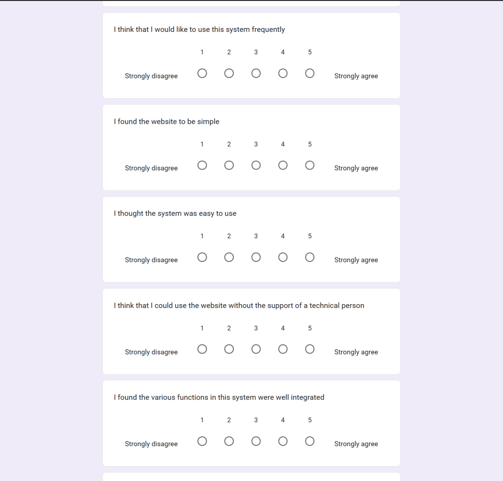 The positive SUS questions in a google form